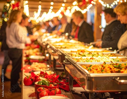 Holiday party buffet line featuring chafing dishes filled with hot food and guests mingling under warm lights
