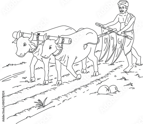 Cute cartoon hand drawn vector Indian farmer with plough in paddy field outline.