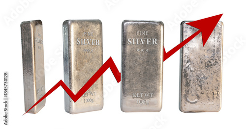 Obraz na płótnie Silver Metal Bars with graph arrow going up in transparent PNG format