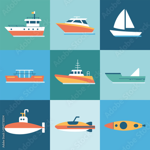 Marine transport icon set, ship yacht boat sail symbols, sea travel navigation theme, clean flat vector illustration collection