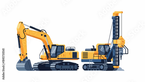 Dynamic illustration of yellow heavy construction vehicles, an excavator and a piling machine, essential for industrial site development and groundwork