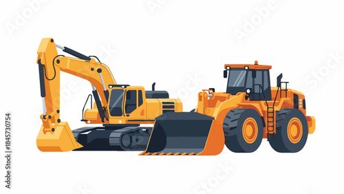 Two heavy construction vehicles, an excavator and a wheel loader, isolated on a white background, representing the construction industry and heavy machinery