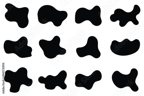 black irregular blob shapes set. Organic random liquid forms in flat style. Various shapes of irregular blobs. Random blob circles silhouette icon set. 