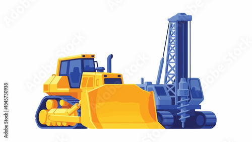 Heavy construction machinery vector illustration featuring a powerful yellow bulldozer and a robust blue drilling rig for industrial excavation and foundation work on job sites