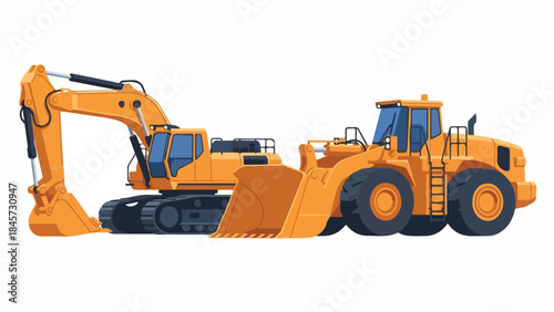 Construction and heavy machinery, including an excavator and wheel loader, isolated on white background for industrial or building projects
