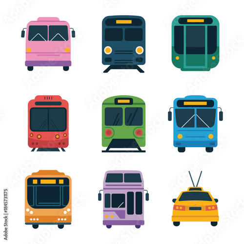 Public transport bus icon set, city transit vehicles front view symbols, urban mobility theme, colorful flat vector illustration