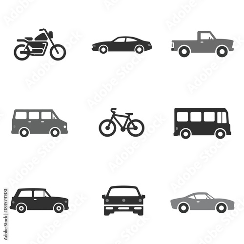 Minimal transport silhouette icon collection, car bus bicycle motorcycle symbols, road traffic mobility theme, simple flat vector design