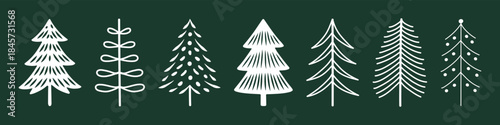Set of hand drawn Christmas tree illustrations in white line style on dark background. Minimal winter elements for holiday branding, greeting cards and festive design.