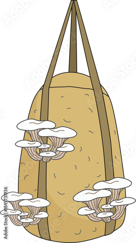 Mushroom Cultivation Grow Bag Hanging Organic Farming Illustration.
