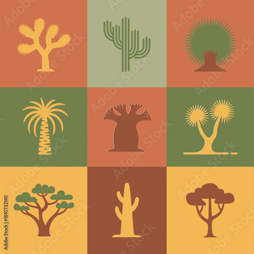 Tropical and arid tree square icons, cactus palm baobab symbols, warm climate nature theme, flat vector design collection