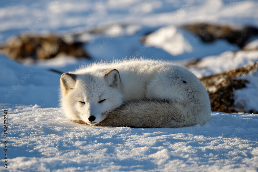 Obraz premium A beautiful Arctic fox curled up and resting on a snowy landscape, showcasing the serene beauty of wildlife in its natural, winter habitat with soft snow blankets.