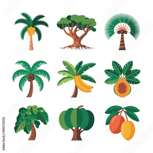 Tropical fruit tree icon set, palm banana mango coconut symbols, exotic nature collection, bright flat vector illustration design