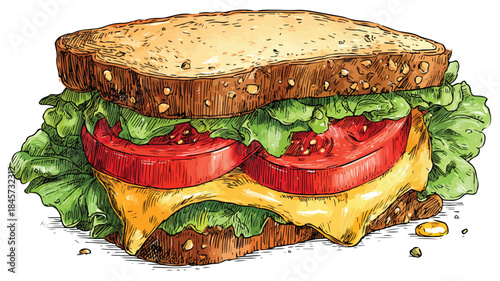 Delicious Sandwich with Fresh Lettuce, Tomato, and Cheese - Food Illustration