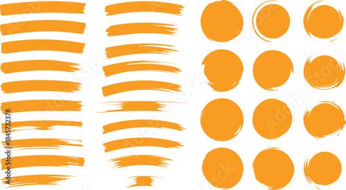 Assortment of diverse orange paint brush strokes and solid circular shapes providing versatile graphic elements