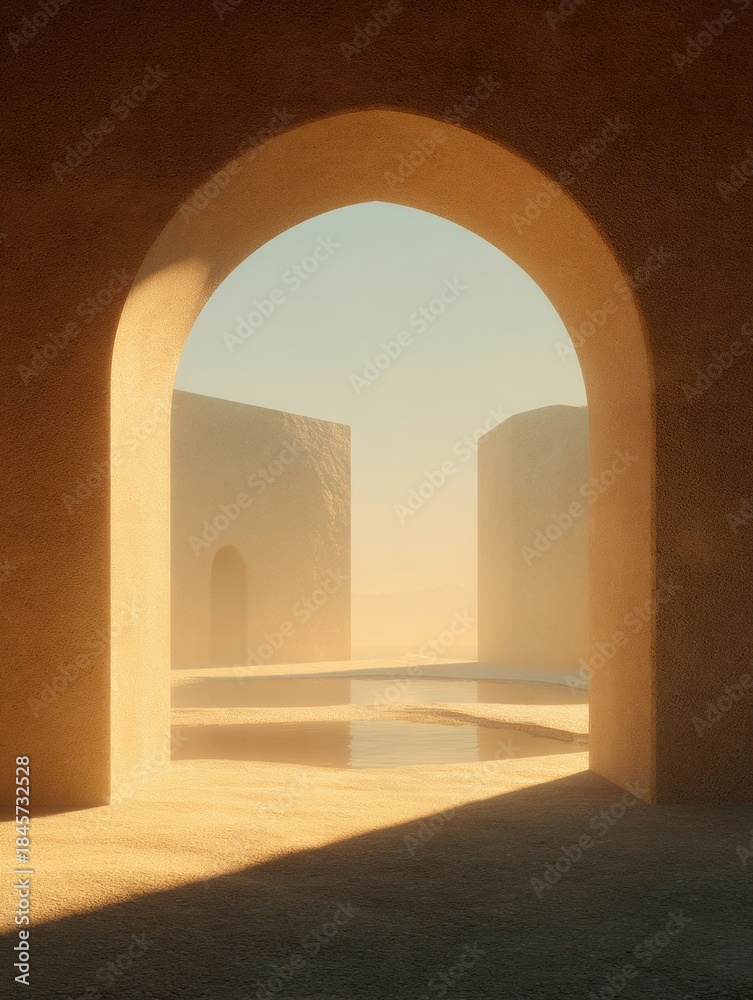 Fototapeta premium Soft Golden Haze Captures a Middle Eastern Architectural Space With a Clean and Open Center Beneath Warm Sunlight