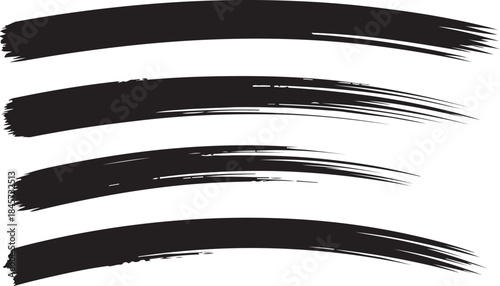 Four bold black straight brush strokes showcasing a rough, hand painted texture on a clean white background