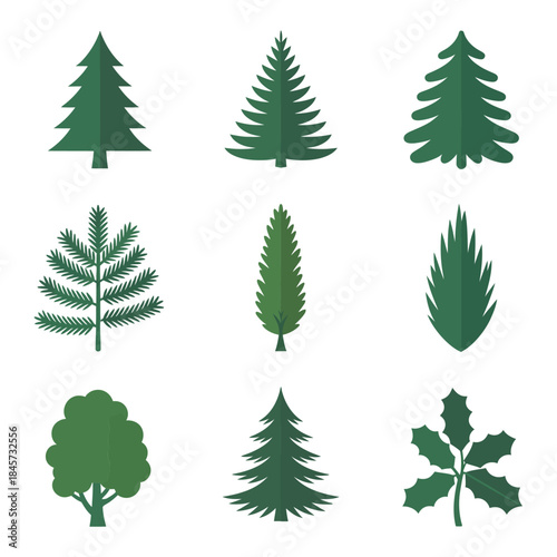 Pine tree icon collection, conifer fir spruce shapes symbols, evergreen forest nature theme, modern flat vector illustration design