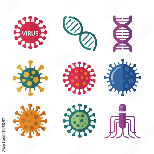 Microbiology virus icon collection, dna helix cell pathogen symbols, medical research education theme, modern flat vector design assets