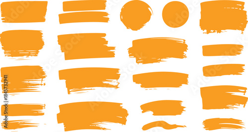 A diverse collection of orange hand painted brush strokes and textured paint swatches on a clean white background