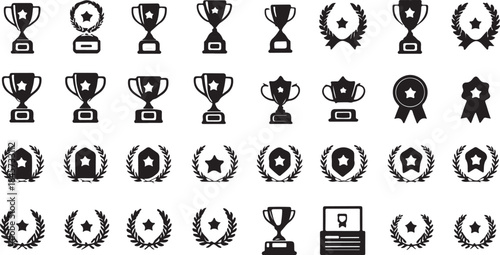 Assortment of Award and Achievement Icons Including Trophies Ribbons and Laurels Keywords: award icons, achievement icons, trophy, ribbon, laurel wreath, medal, star, success, victory, recognition
