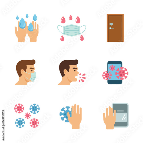 Health safety hygiene icon collection, handwash mask sanitizer symbols, infection control awareness theme, clean flat vector illustration pack