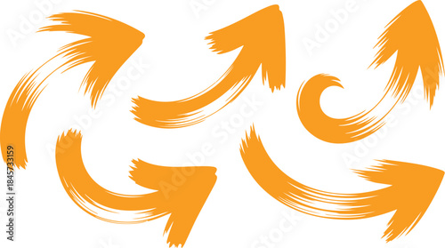 A set of five expressive orange hand painted brush stroke arrows pointing various ways