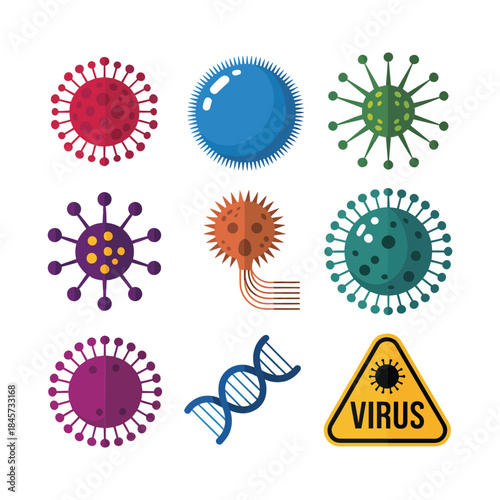 Danger virus warning icon collection, hazard sign pathogen symbols, safety alert health theme, colorful flat vector illustration set