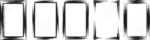 A striking collection of five black rectangular frames with textured, brush stroke edges on a white canvas