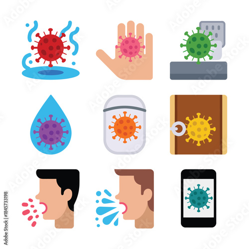 Virus spread awareness icon set, cough droplet contact symbols, public health prevention theme, colorful flat vector illustration design