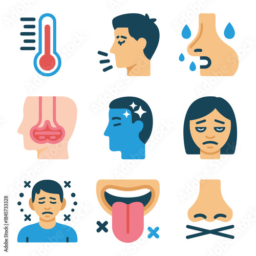 Human symptoms icon set, fever cough pain nose throat body signals, health condition diagnosis theme, modern flat vector illustration design
