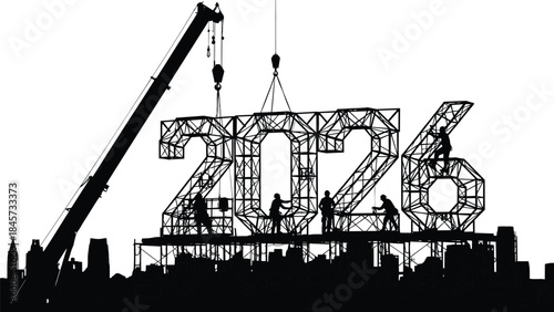 Construction workers are building the numbers 2026 with steel truss frames on a scaffold above a city skyline, symbolizing progress, future, and the New Year.