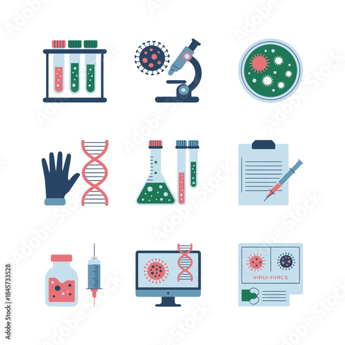 Laboratory science and virus research icon set featuring microscope test tubes dna samples safety gloves flat vector illustration