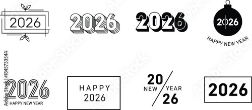 Happy New Year 2026 simple line art logo collection, modern black and white typography collection, minimalist geometric calendar date bundle, festive greeting card design vector set, isolated