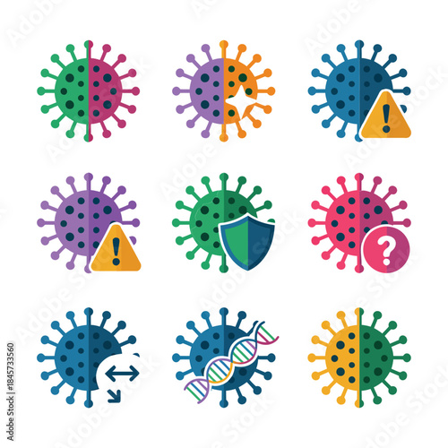 Virus analysis and danger icon set, mutation warning protection symbols, medical research awareness theme, modern flat vector illustration design