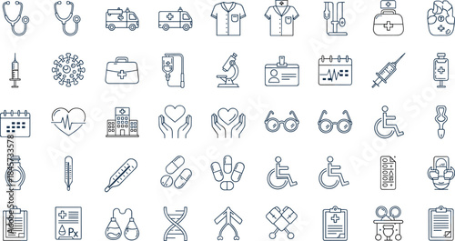 Healthcare and medical line icon set, stethoscope, ambulance, hospital, syringe, pills, DNA, virus, and first aid symbol vector collection.