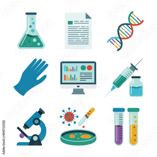 Clinical testing and virus detection icon set including syringe microscope blood samples laboratory glassware flat vector illustration