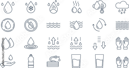 Water drop, liquid, and fluid outline icon set, line vector illustration for climate, rain, weather, washing, hydration, and natural resources.