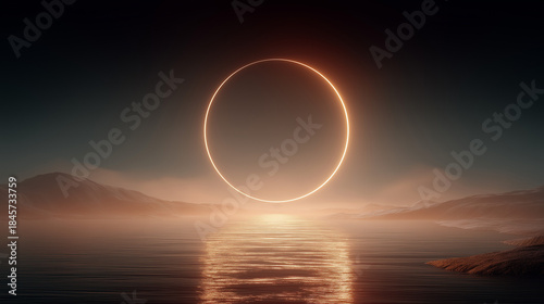 Mystical Portal: A glowing orange circle hovers above a serene body of water, reflected in the glassy surface and set against a moody, atmospheric backdrop. 