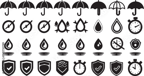 Collection of black and white icons representing protection, weather resistance, and timekeeping elements