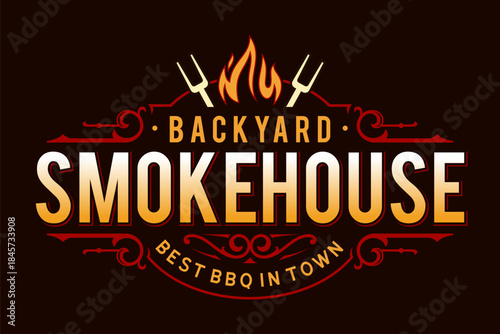 Antique retro vintage barbecue bbq logo with fork and fire flame. Barbeque party, smokehouse, grill restaurant vector template.
