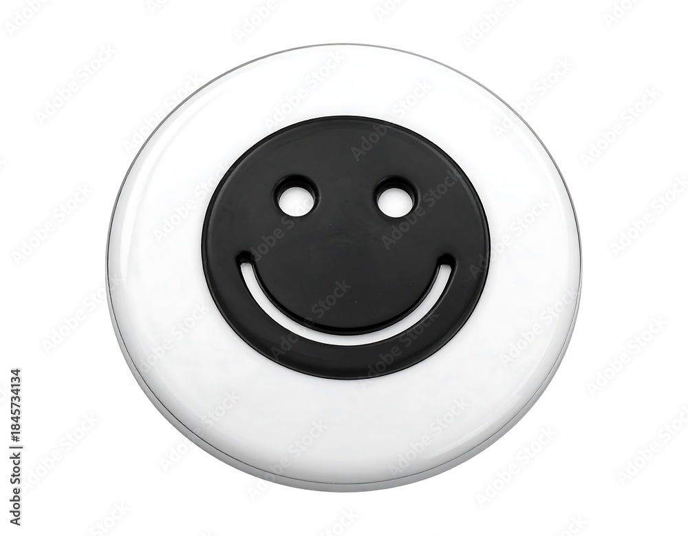 Fototapeta premium A close-up shot of a white circular button, with a black smiley face in the center, isolated on a white backdrop