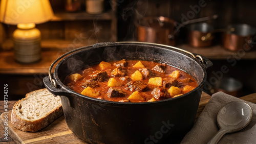 Traditional Hungarian Beef Goulash Stew With Potatoes In Cast Iron Pot Rustic Winter Comfort Food