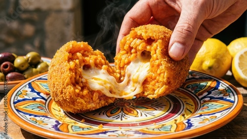 Hand Holding Split Sicilian Arancini Rice Ball With Melting Mozzarella Cheese Italian Fried Street Food
