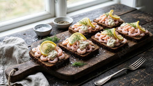 Wooden Board With Danish Shrimp Smorrebrod Sandwiches And Mayonnaise Near Window Rustic Nordic Seafood Lunch