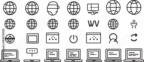 Diverse set of black and white icons representing global connectivity, internet, and digital technology elements