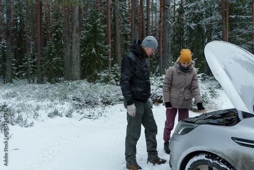 Принти на полотні A couple by their car in the forest in winter