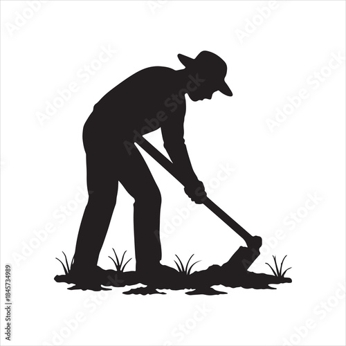 Silhouette of a farmer digging with a hoe in a field vector
