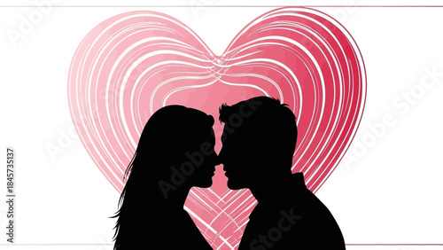 Silhouette vector illustration of a romantic loving couple kissing with a heart symbol for Valentine's Day