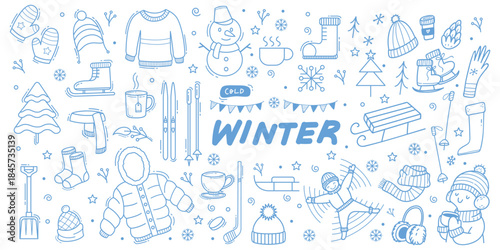 Winter and Christmas monochrome doodles collection for stickers, prints, coloring pages, scrapbooking, cards, banners, etc.