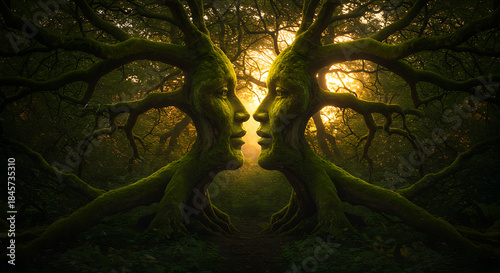Mystical Forest with Two Faces on Trees